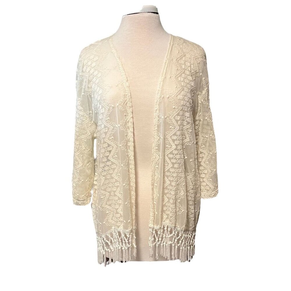 mm mm mm Cream Color Embroidered With Hem Fringes Open Blouse Size L (K10237)‎